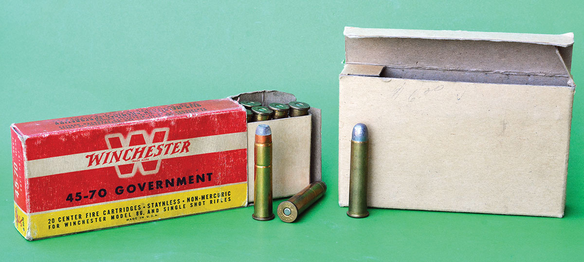 For repeating rifles with tubular magazines, bullets with flatnose profiles are preferred such as these vintage Winchester 405-grain softpoint loads (left), while cast bullets with roundnose profiles are generally preferred for single-shot rifles (right).